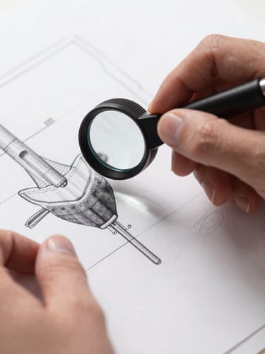 Macro close-up of a pre-press specialist's hands holding a printed technical drawing under bright studio lighting, checking ink density with a loupe, sharp shadows, high contrast industrial photography.