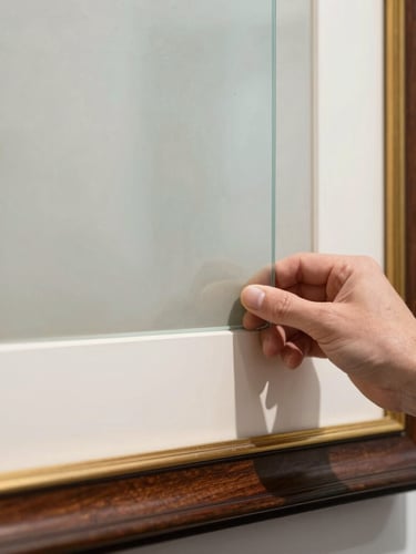Close-up of a hand carefully placing a sheet of museum-grade glass over a framed artwork, bright diffused gallery lighting, focus on clarity and precision.
