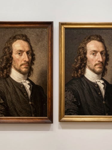Bespoke split-screen comparison of a historical portrait, left side showing cracked sepia texture with water stains, right side showing pristine restored clarity, bright gallery lighting, 50mm.