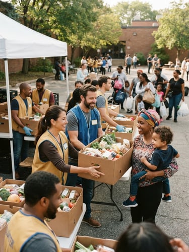 Active volunteers in gold and blue vests distributing fresh food boxes to families at an outdoor community center, candid daylight