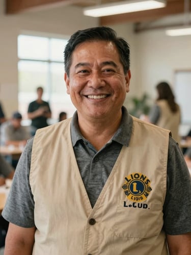 Candid medium portrait of a friendly District Governor wearing a Lions club vest, smiling warmly in a community hall with soft natural light, documentary style