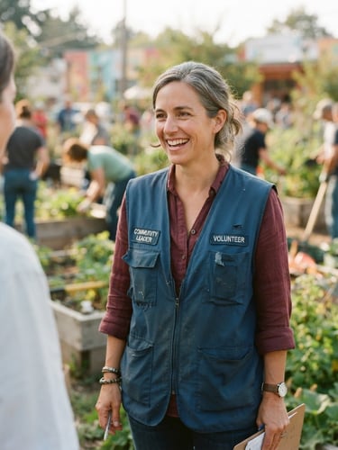 A professional medium portrait of a community service leader wearing a blue volunteer vest, warm natural daylight, 35mm lens, realistic documentary style