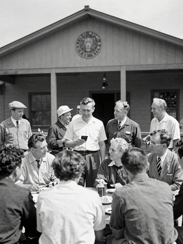 Historic black and white photo of early Lions club members gathered outside a community hall, restored with high contrast and clean details, realistic documentary style.