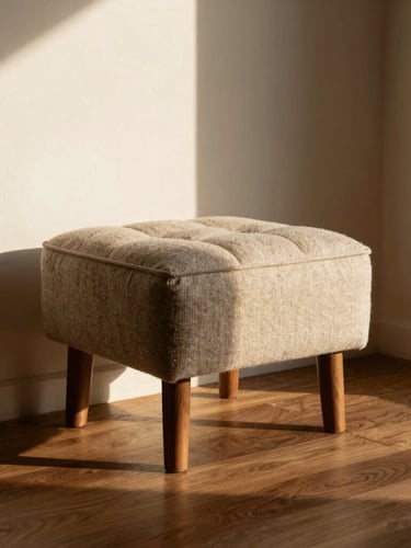Low-angle warm afternoon sunlight casting long shadows on a tufted fabric accent stool in a minimalist plaster-walled corner, rich wood tones, 35mm photography