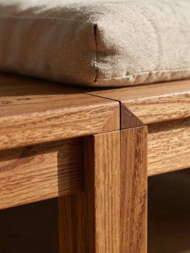 Close-up of rich walnut wood joinery under warm afternoon sunlight, detailed mortise and tenon joint, shallow depth of field, 35mm