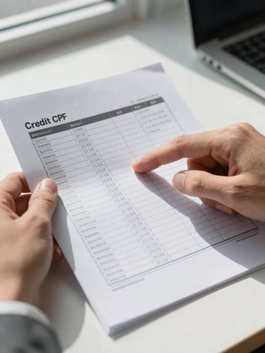 Close-up of a hand holding a printed credit score report on a clean desk, finger pointing at a highlighted number, cool daylight from a side window casting crisp shadows, Brazilian CPF visible on document edge