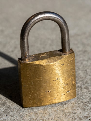 Close-up of a rugged brass padlock scratched from heavy use resting on a concrete floor, hard direct natural light, sharp high-contrast shadows