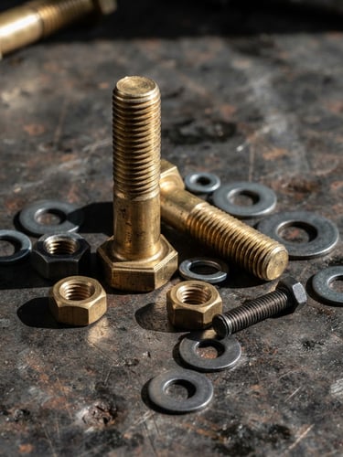 Sharp macro photograph of heavy-duty solid brass bolts and steel hardware arranged on a dark, scratched iron workbench, hard direct light casting high-contrast shadows, 50mm lens.