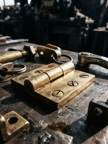Macro shot of heavy-gauge solid brass hardware on a dark steel workbench, hard direct natural light, high-contrast shadows, industrial workshop setting