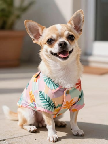 A happy small chihuahua wearing a colorful tropical shirt sitting on a sunny patio, bright joyful pet photography, warm natural daylight, vibrant pastel tones, shallow depth of field