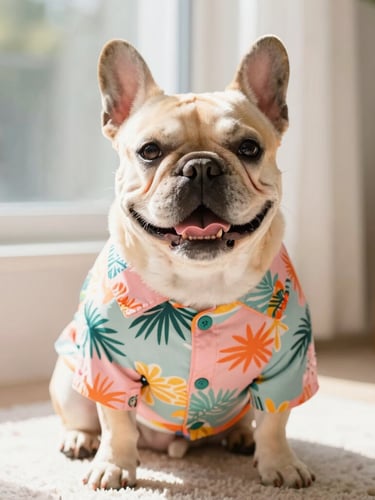 Bright joyful pet photography, a happy French Bulldog wearing a colorful tropical shirt sitting in a sunlit room, warm natural daylight, 35mm lens