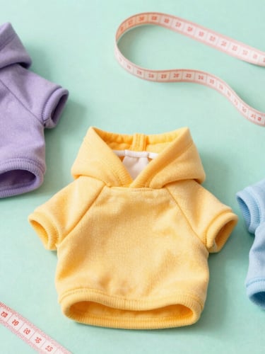 Flat-lay of colorful handmade dog hoodies and shirts with a soft measuring tape on a clean mint background, bright joyful pet photography