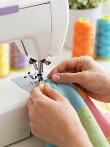 Close-up of hands carefully stitching a colorful fabric with a sewing machine in a bright, sunlit family workshop, vibrant spools of thread in the background, warm editorial style