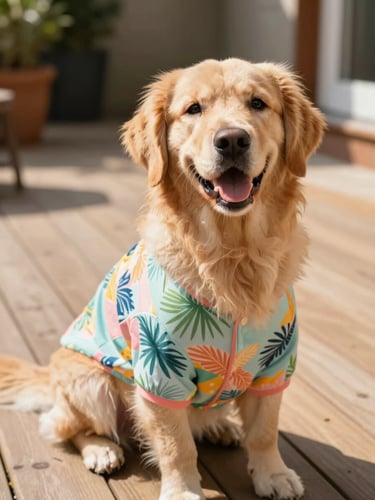 A joyful golden retriever wearing a colorful tropical pet shirt, sitting on a sunlit wooden deck, warm natural daylight, eye-level shot, shallow depth of field.