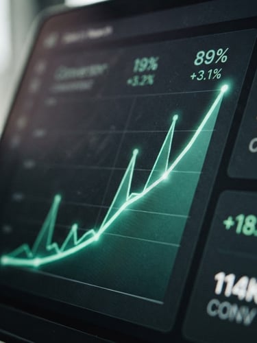 Tight macro shot of a digital dashboard showing upward-trending conversion metrics on a screen, moody overcast daylight, high-contrast desaturated tones with deep green accents, 35mm film