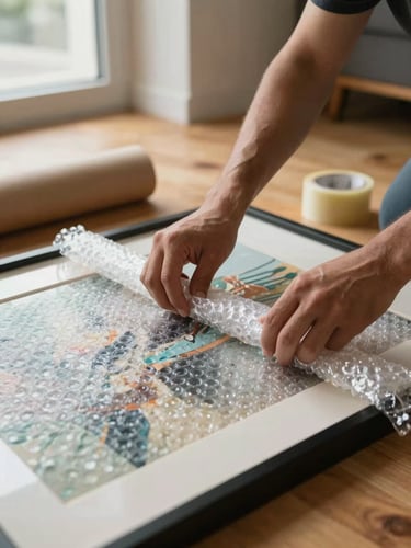 Close-up of hands carefully wrapping bubble wrap around a framed artwork on a hardwood floor inside a Dubai apartment, natural north-facing window light, packing tape and kraft paper visible nearby, warm interior tones