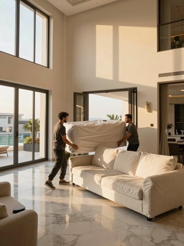 Wide interior shot of a Dubai villa living room mid-move, large sofa wrapped in protective blankets being carried by two workers toward the open front door, golden hour light through tall windows casting warm tones across cream walls and marble floors