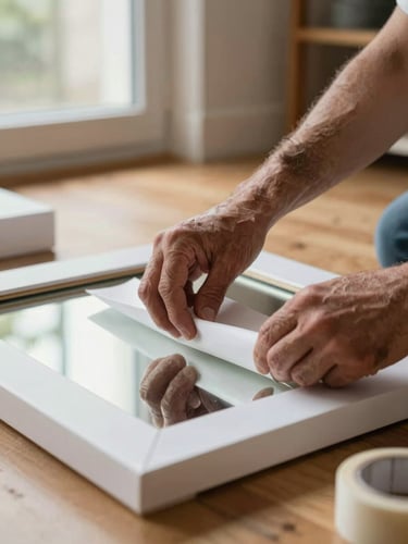 Close-up of weathered hands carefully wrapping a framed mirror in white padding paper on a wooden floor, soft natural daylight from a window, tape roll visible nearby, blurred residential interior in background