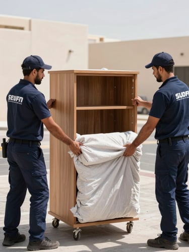 Crisp documentary photography of a professional moving crew in matching navy uniforms carefully double-wrapping a wooden cabinet with protective blankets, bright natural Abu Dhabi daylight, sharp focus, 35mm