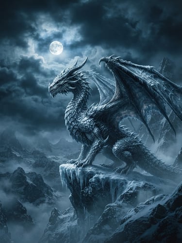 Dramatic portrait of a majestic icerider dragon, scales shimmering like frost-rimed steel, silhouetted against a stormy, misty mountain peak under moonlight. Cold blue and silver tones, epic scale.