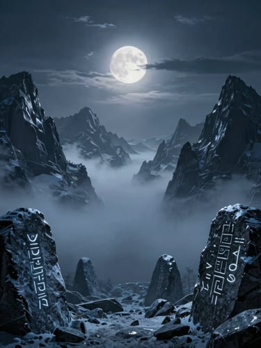 Wide panoramic frozen mountain range, jagged peaks shrouded in mist, subtle glowing runes on ancient stone, low-key moonlight, dark cinematic fantasy photography