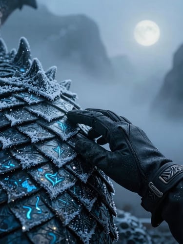Close-up, low-angle shot of a Rider's gloved hand gently touching the frost-rimed scales of an Icerider dragon. Misty, cold blue light, subtle glowing runes on the scales. Focus on texture and ancient connection.