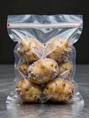 Macro close-up of papa criolla potatoes in a sealed vacuum bag on a neutral steel surface, heavy frost crystals on the bag exterior, clinical studio lighting from above, straight-on product hero shot, no hands visible
