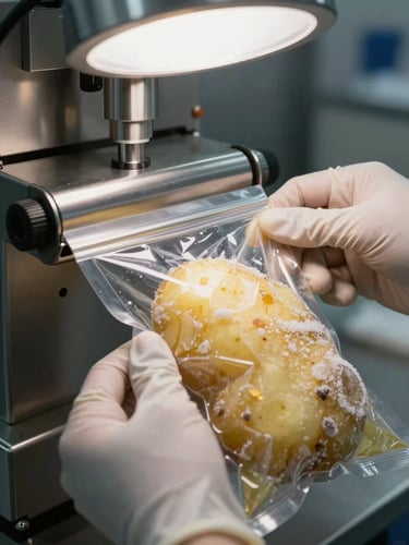 Close-up macro of stainless steel packaging equipment sealing a frozen potato product bag, food-service gloved hands guiding the seal, clinical studio lighting from above, frost detail on product visible through transparent packaging, factory floor background slightly out of focus