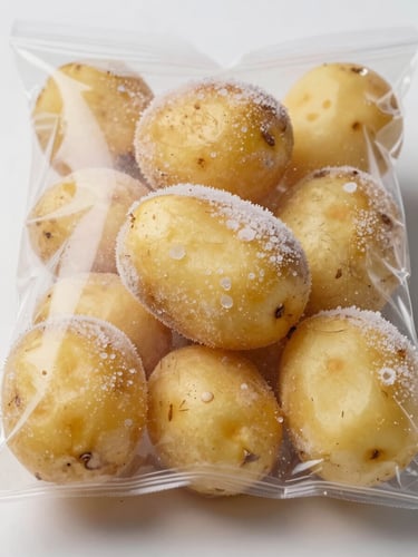 Close-up macro of frozen papa criolla product in packaging on a neutral white surface under clinical studio light, frost crystals visible on the surface of the golden potato pieces, straight-on framing