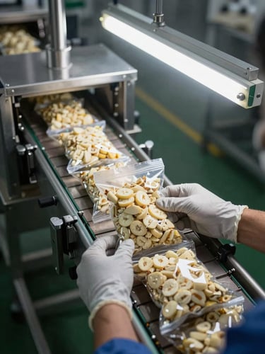 Overhead view of stainless steel packaging line in a food processing plant, gloved hands placing sealed bags of papa criolla onto a conveyor, cool overhead fluorescent lighting, industrial documentary framing, no faces visible