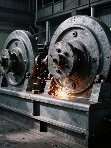 Vintage heavy industrial machinery in operation, dramatic shadows, cool metallic grays with warm sparks, sharp historical factory atmosphere, 35mm