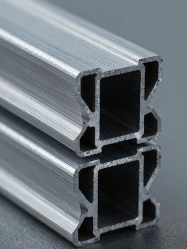 Macro close-up of raw extruded aluminum profiles showing clean cross-sections with geometric shapes, sharp industrial lighting, cool metallic tones, 35mm
