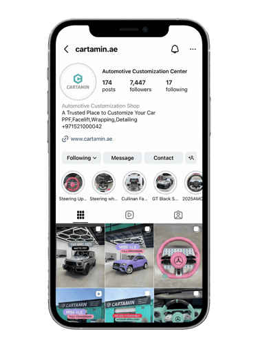 Cartamin automotive customization Instagram profile showing luxury car detailing and steering wheel upgrades.