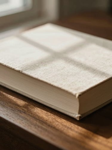 Close-up of a beautifully bound linen book resting on a dark oak desk, soft natural window light casting gentle shadows, warm editorial photography style, 35mm