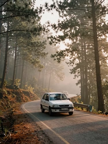 A white passenger cab driving along a winding, tree-lined mountain road in Netarhat, misty morning light filtering through tall pine trees, 35mm photography