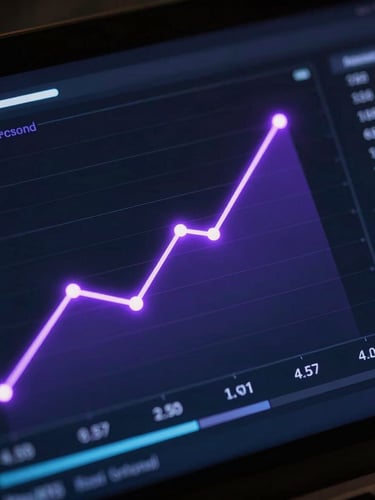 Macro close-up of a dark cybernetic UI dashboard showing upward-trending conversion charts, glowing neon violet data nodes, high-contrast shadows