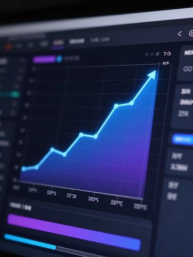 Macro close-up of a dark-mode UI dashboard with vibrant blue and violet upward-trending conversion charts, high-contrast cybernetic glow, deep shadows, ultra-crisp technical interface.
