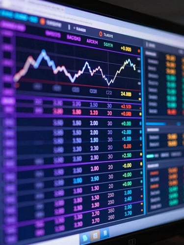 Macro close-up of a high-frequency trading terminal screen, displaying real-time data charts and conversion metrics, glowing neon violet and cyber blue backlighting, deep shadows.