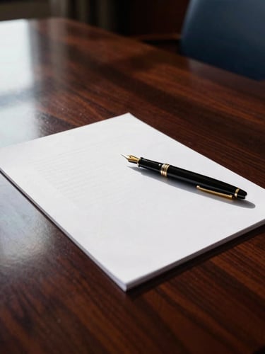 Polished mahogany boardroom table reflecting sharp window light, with a fountain pen resting on a crisp, heavy paper document, high contrast editorial style.