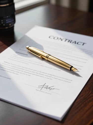 Sharp close-up of a signed infrastructure contract on a dark mahogany desk, a gold fountain pen resting on heavy paper stock, directional window light.