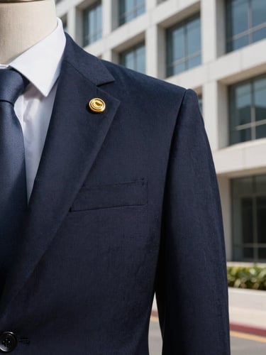 Close-up of a structured business suit with a gold lapel pin, set against the clean architectural lines of a modern Abuja office building, sharp window light, deep navy shadows.