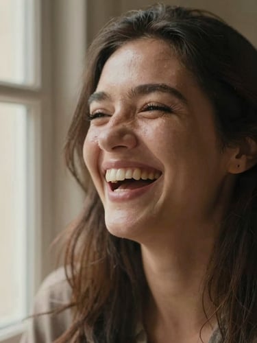 Close-up portrait of a woman laughing genuinely, soft side-lighting from a window, warm earthy tones, shallow depth of field, 35mm