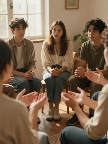 Over-the-shoulder perspective of a group of people sitting in a circle in a warm room, expressive hands in conversation, soft golden hour lighting, 35mm