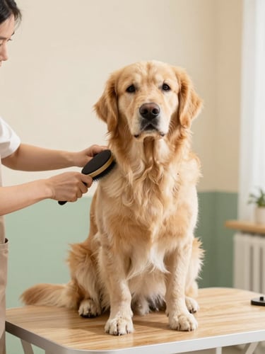 Eye-level medium shot of a calm golden retriever sitting relaxed on a clean wooden grooming table, a professional groomer gently brushing its coat under soft indirect natural daylight, warm cream and sage green interior background, shallow depth of field.