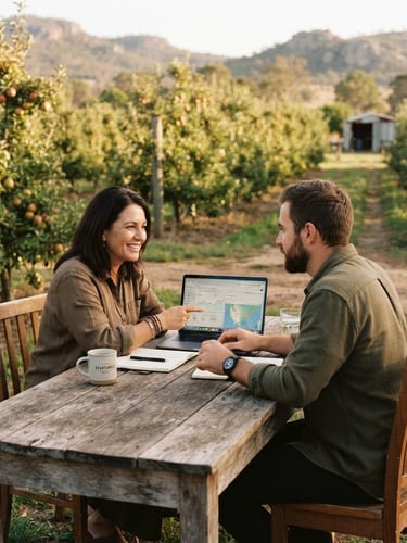 A discussion over a cup of coffee at her orchard.