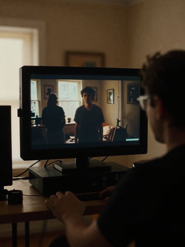 Cinematic behind-the-scenes creative session, director looking at camera monitor showing high-contrast scene, deep shadows, warm interior tones, 35mm film grain