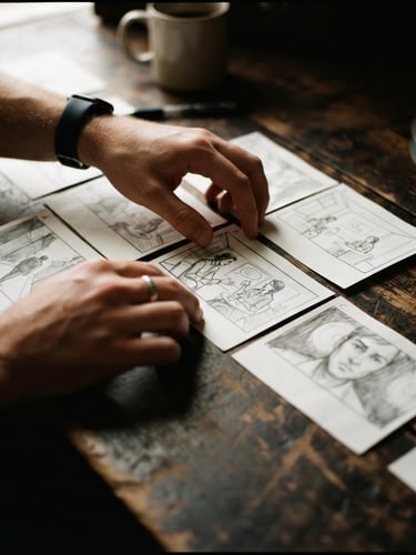 Cinematic editorial photography, close-up of hands arranging physical storyboards on a dark wooden table, high-contrast natural light casting deep shadows, warm muted tones, 35mm film grain