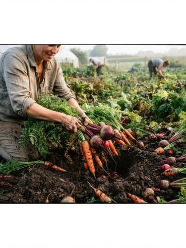 Wide panoramic early morning harvest, hands pulling root vegetables from dark soil, soft diffused natural light, rich high-contrast tones, 35mm lens