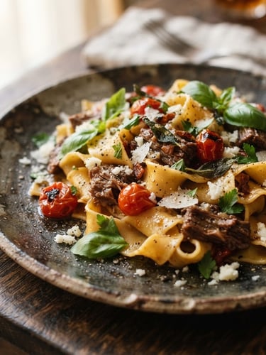 Tight macro shot of a beautifully plated artisanal pasta dish on a rustic ceramic plate, rich high-contrast tones, soft diffused window light, 35mm lens.
