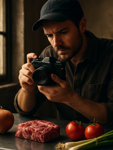 Portrait frame of an agency photographer holding a 35mm camera, focusing on raw ingredients on a stainless steel prep table, soft window light, rich high-contrast tones, gritty authentic atmosphere.